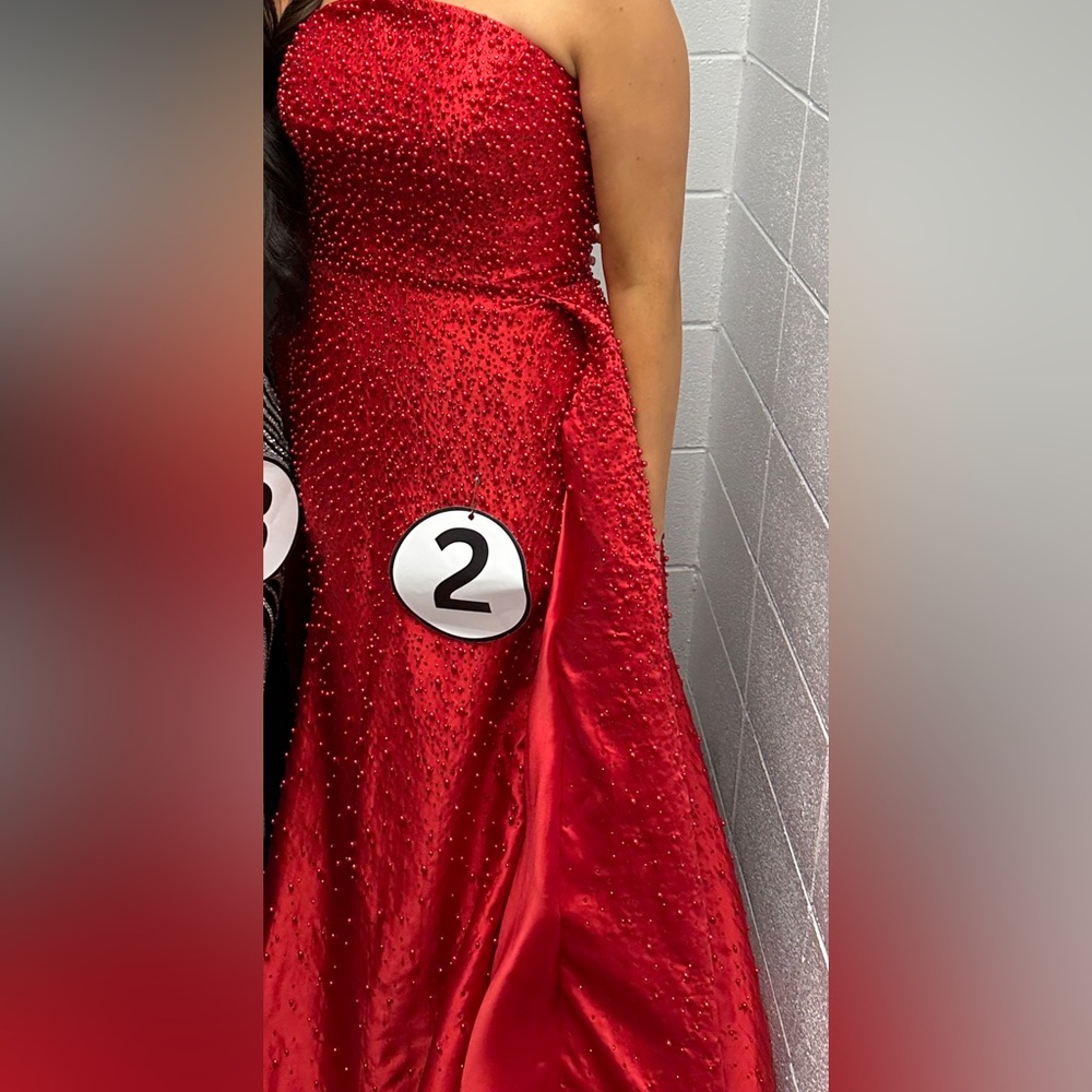 Strapless Red Beaded Evening Gown